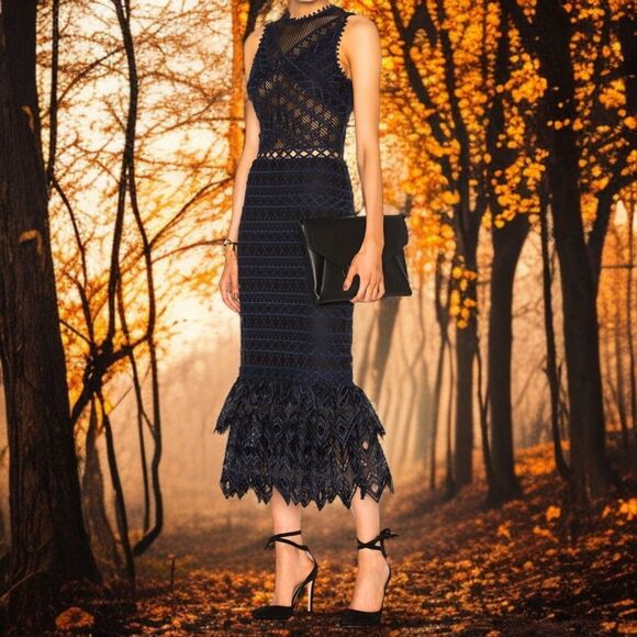 Jonathan Simkhai Sheer Lace Dress Sz 2 Midi NEW Lattice Embroidered Trumpet - Picture 1 of 16